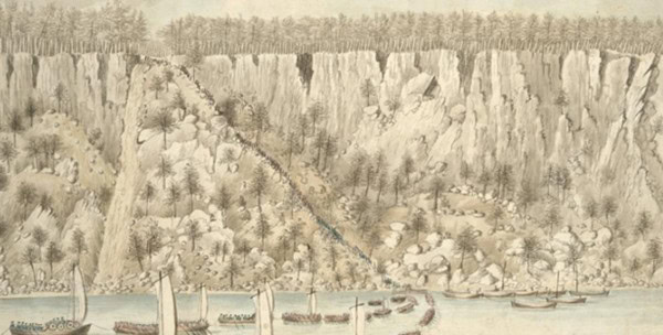 British forces ascending the Palisades to attack Fort Lee